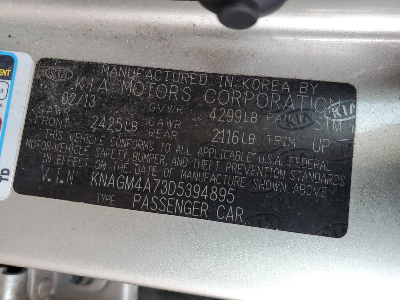 2013 Kia Optima Lx VIN: KNAGM4A73D5394895 Lot: 93100225