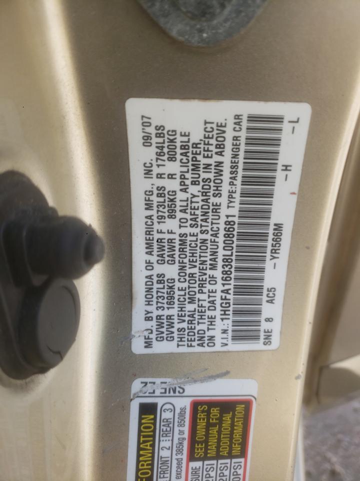 2008 Honda Civic Ex VIN: 1HGFA16838L008681 Lot: 91255365