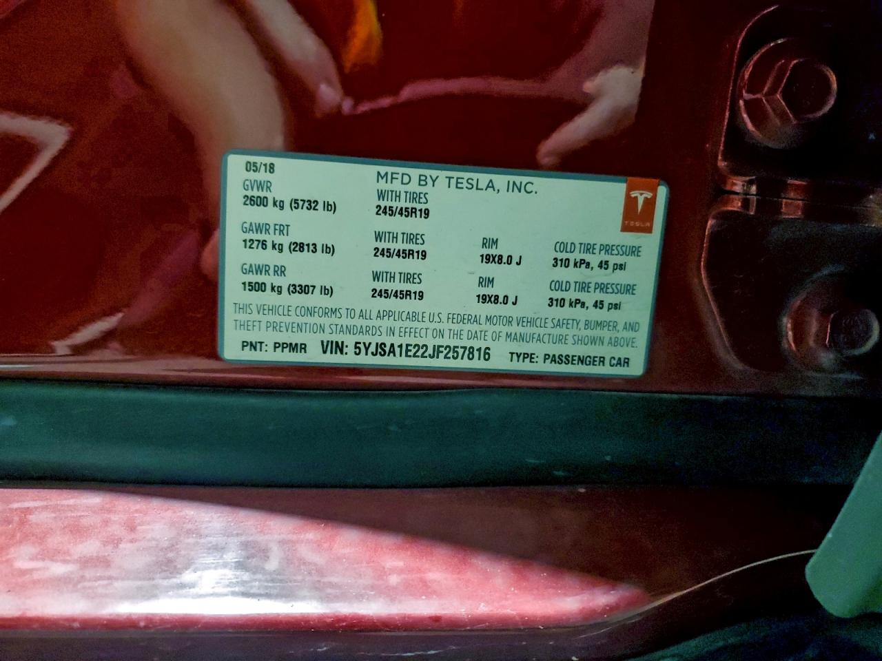 2018 Tesla Model S VIN: 5YJSA1E22JF257816 Lot: 93848955