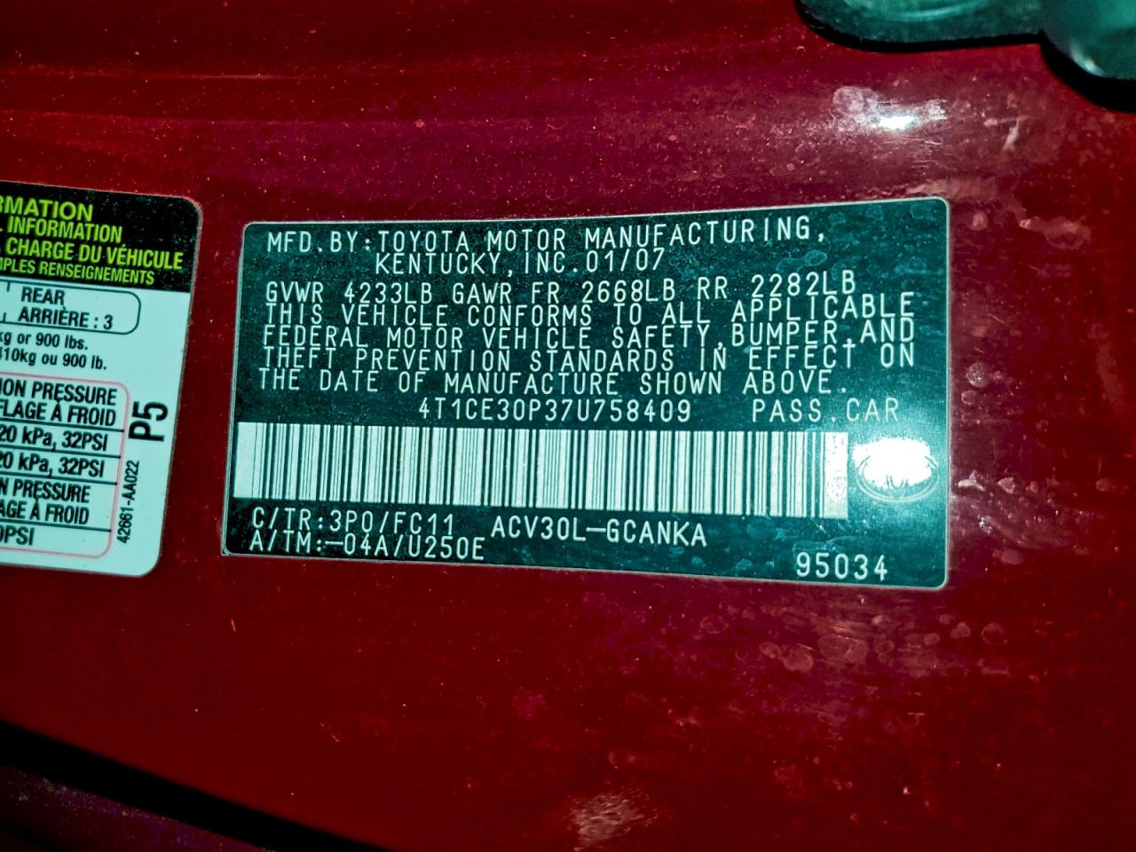 2007 Toyota Camry Solara Se VIN: 4T1CE30P37U758409 Lot: 91241765