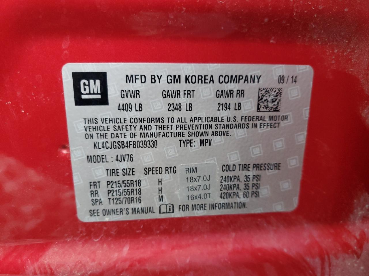 2015 Buick Encore VIN: KL4CJGSB4FB039330 Lot: 92877405