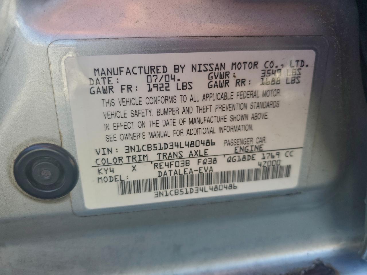 2004 Nissan Sentra 1.8 VIN: 3N1CB51D34L480486 Lot: 93969235