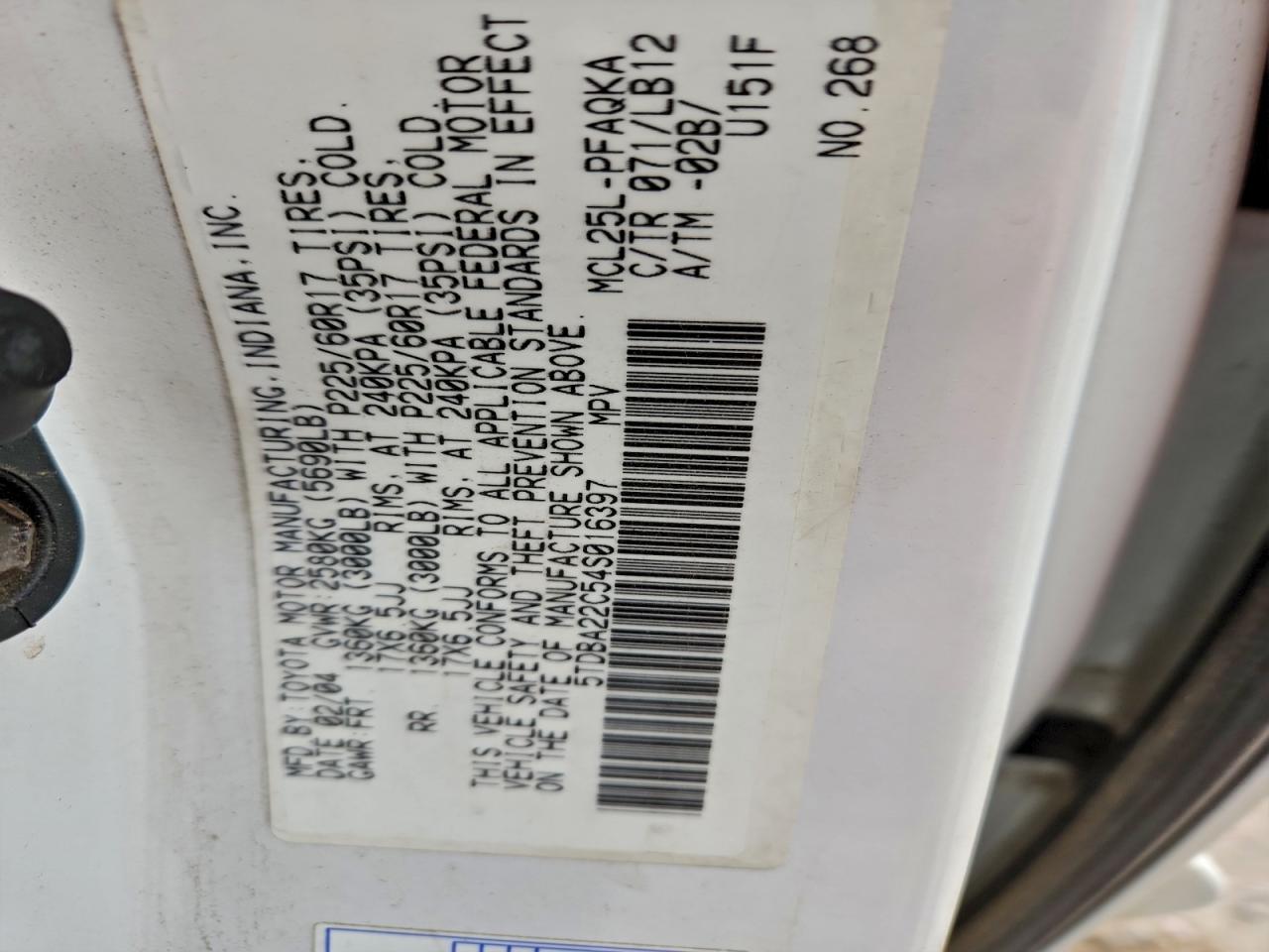 2004 Toyota Sienna Xle VIN: 5TDBA22C54S016397 Lot: 93864645