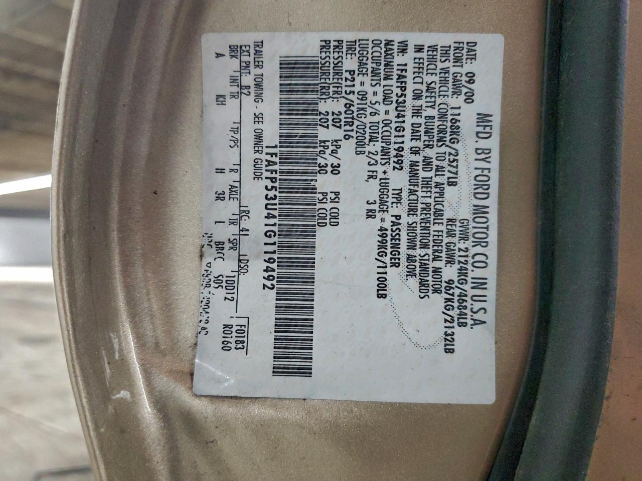 2001 Ford Taurus Se VIN: 1FAFP53U41G119492 Lot: 93663095