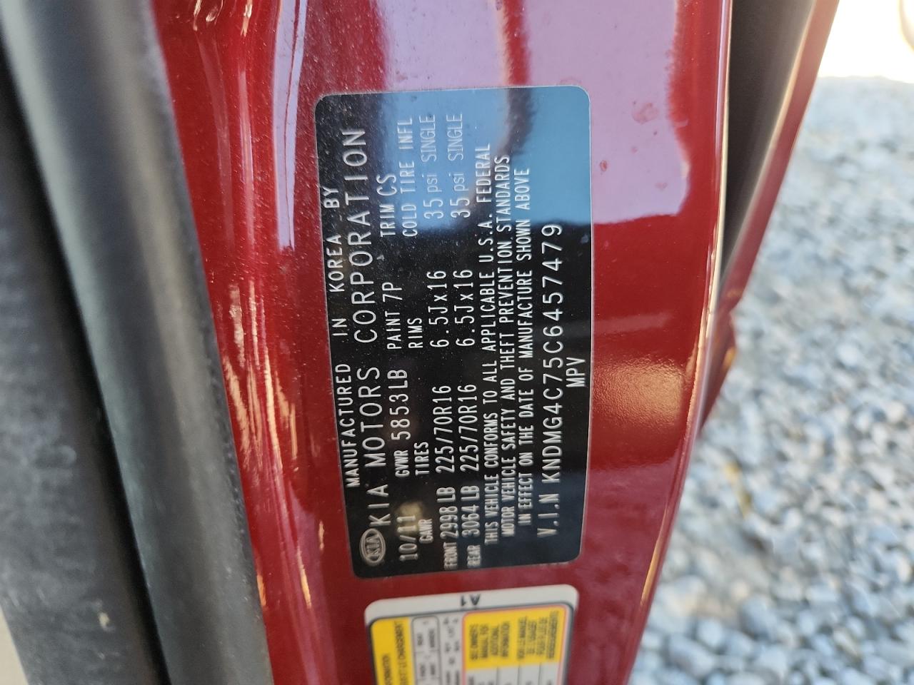 2012 Kia Sedona Lx VIN: KNDMG4C75C6457479 Lot: 92679005