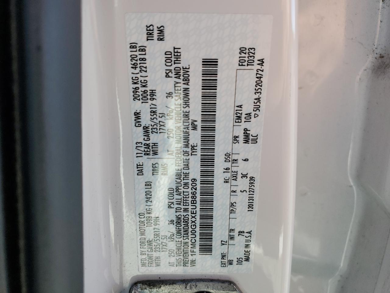 2014 Ford Escape Se VIN: 1FMCU0GXXEUB86209 Lot: 91885655