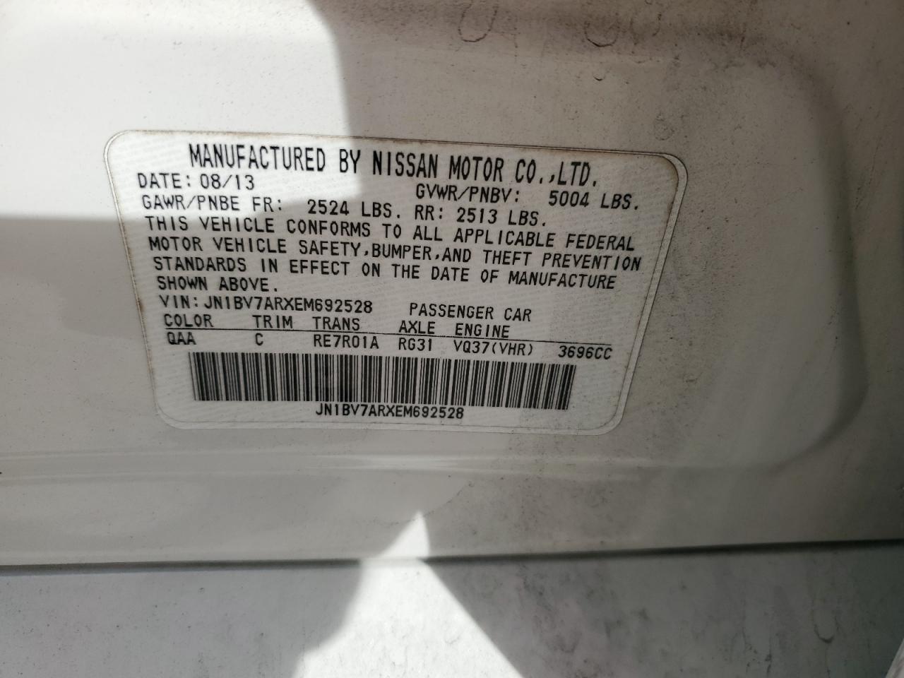 2014 Infiniti Q50 Base VIN: JN1BV7ARXEM692528 Lot: 91842555