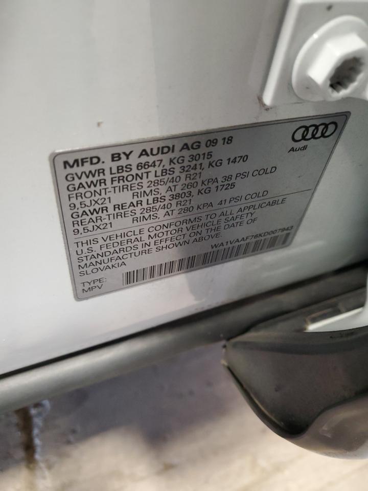 2019 Audi Q7 Prestige VIN: WA1VAAF76KD007943 Lot: 92494635