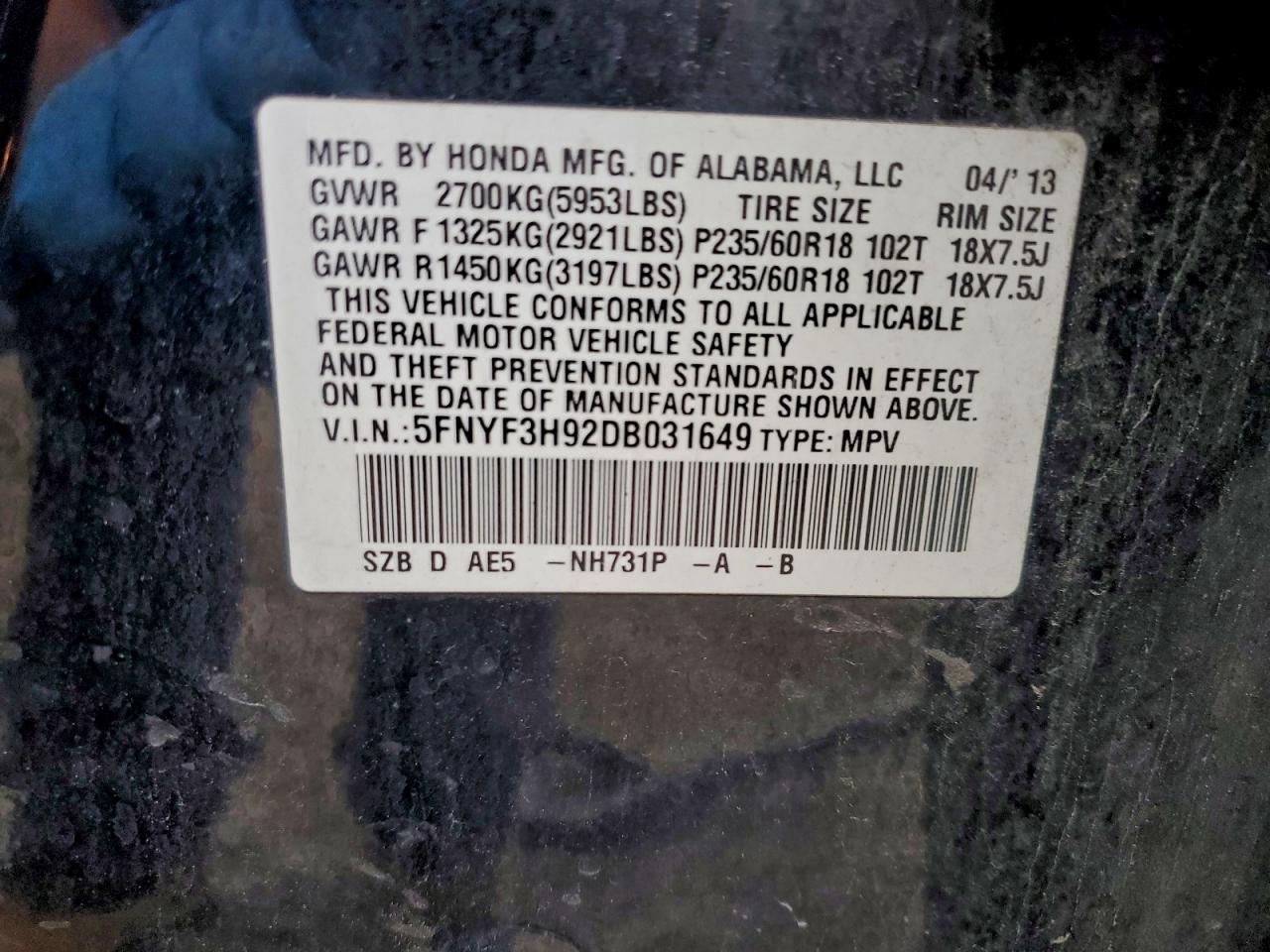2013 Honda Pilot Touring VIN: 5FNYF3H92DB031649 Lot: 93302195