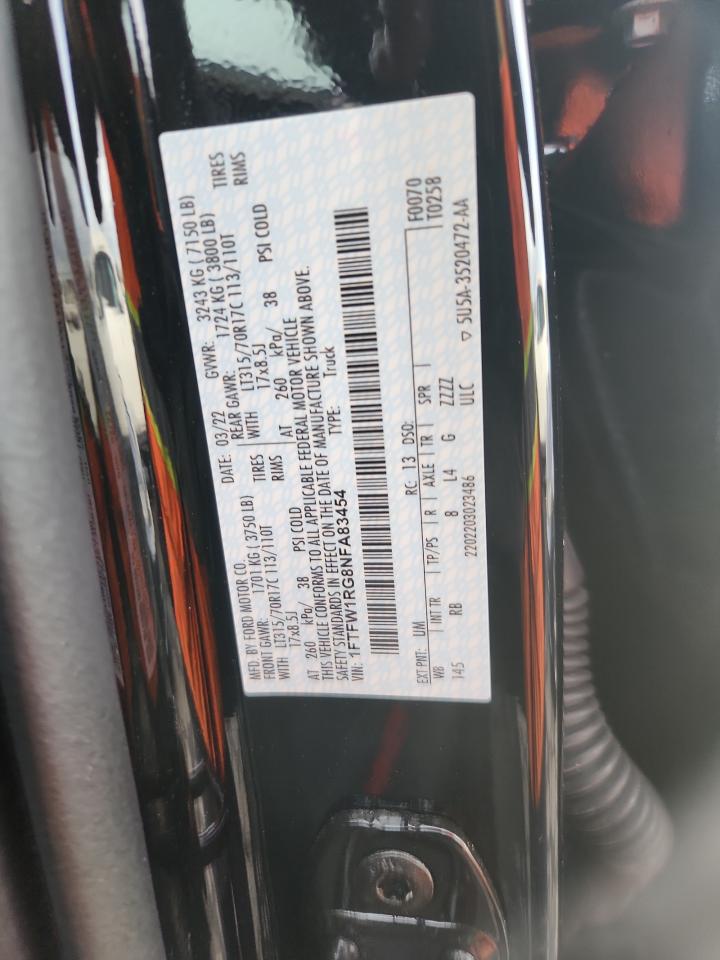 2022 Ford F150 Raptor VIN: 1FTFW1RG8NFA83454 Lot: 92490415