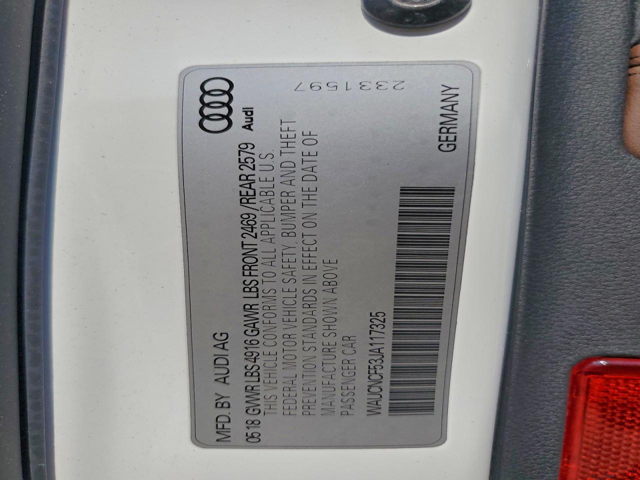 2018 Audi A5 Prestige VIN: WAUCNCF53JA117325 Lot: 85433305