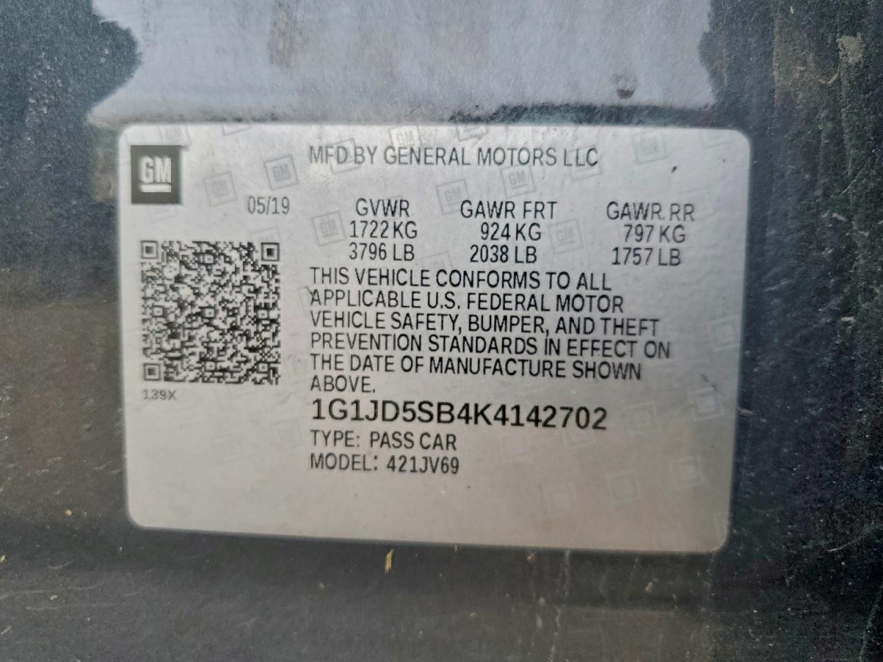 2019 Chevrolet Sonic Lt VIN: 1G1JD5SB4K4142702 Lot: 94072445