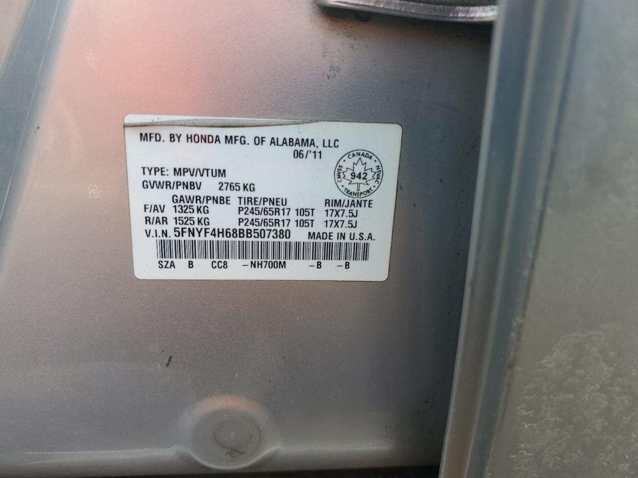 2011 Honda Pilot Exl VIN: 5FNYF4H68BB507380 Lot: 93841345