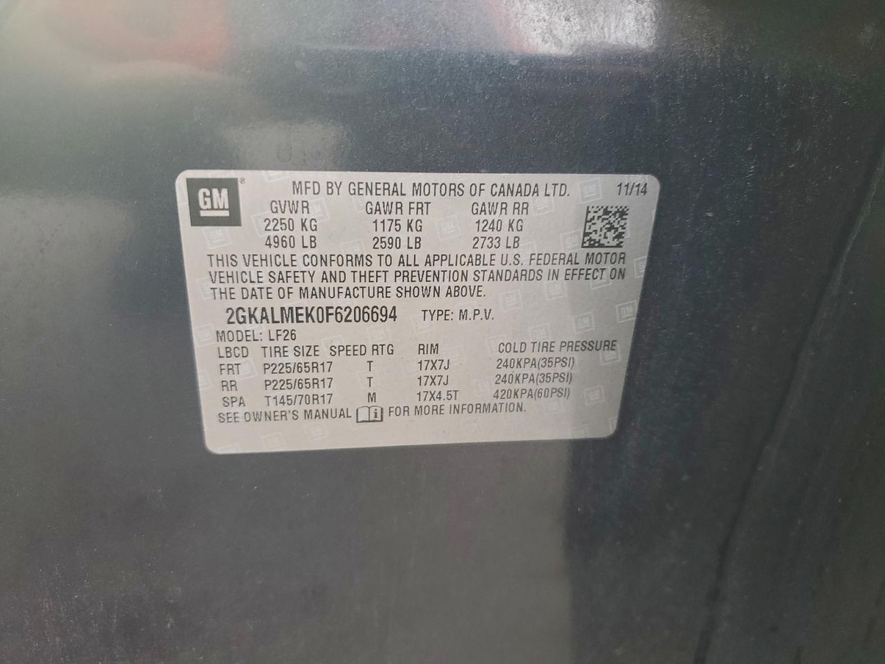 2015 GMC Terrain Sle VIN: 2GKALMEK0F6206694 Lot: 93933805