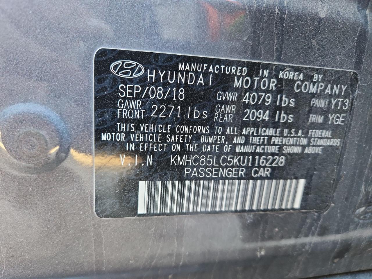 2019 Hyundai Ioniq Limited VIN: KMHC85LC5KU116228 Lot: 92094355