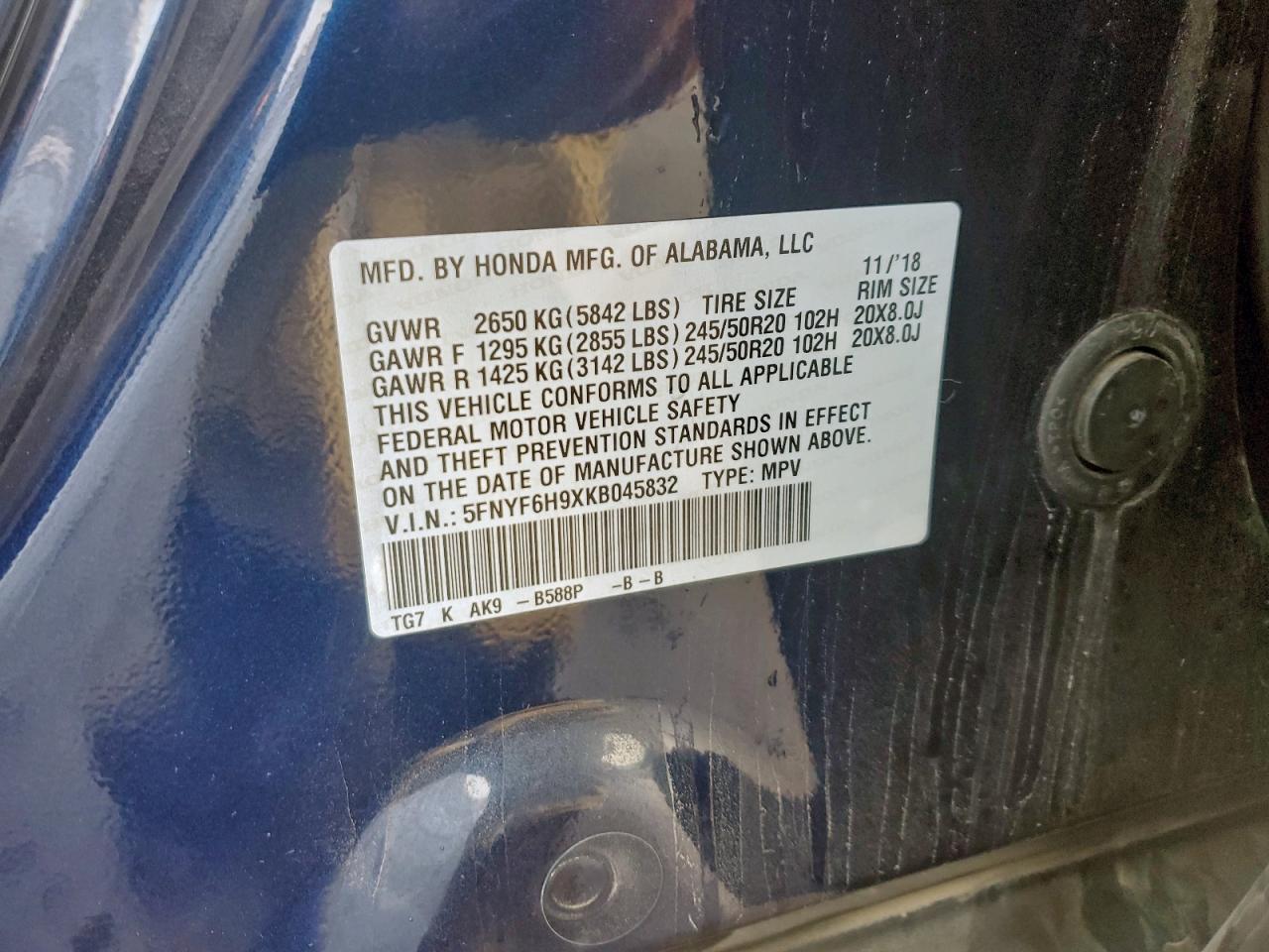 2019 Honda Pilot Touring VIN: 5FNYF6H9XKB045832 Lot: 93098125