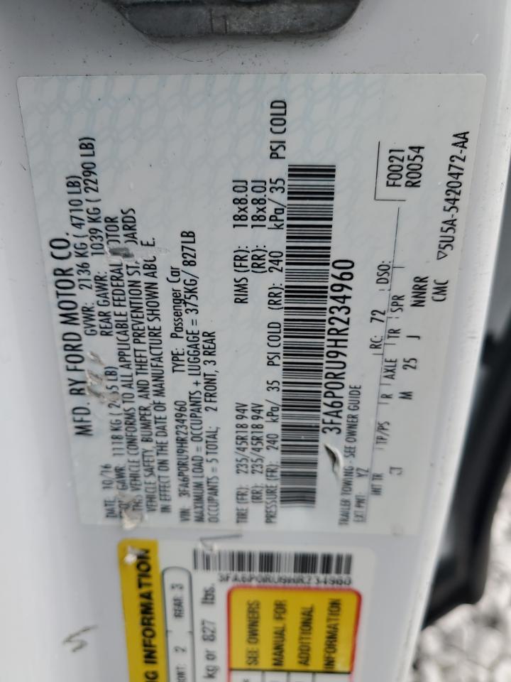 2017 Ford Fusion Titanium Hev VIN: 3FA6P0RU9HR234960 Lot: 92124825