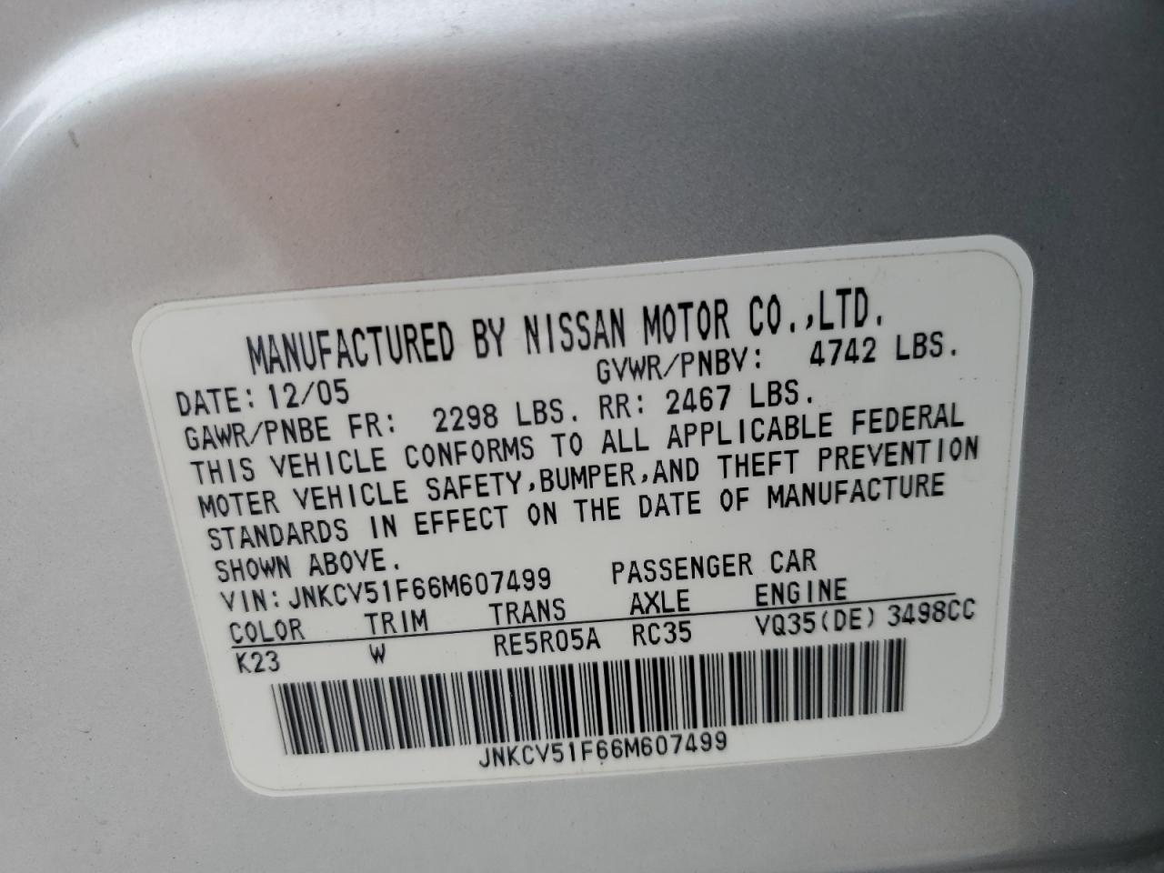 2006 Infiniti G35 VIN: JNKCV51F66M607499 Lot: 93568755