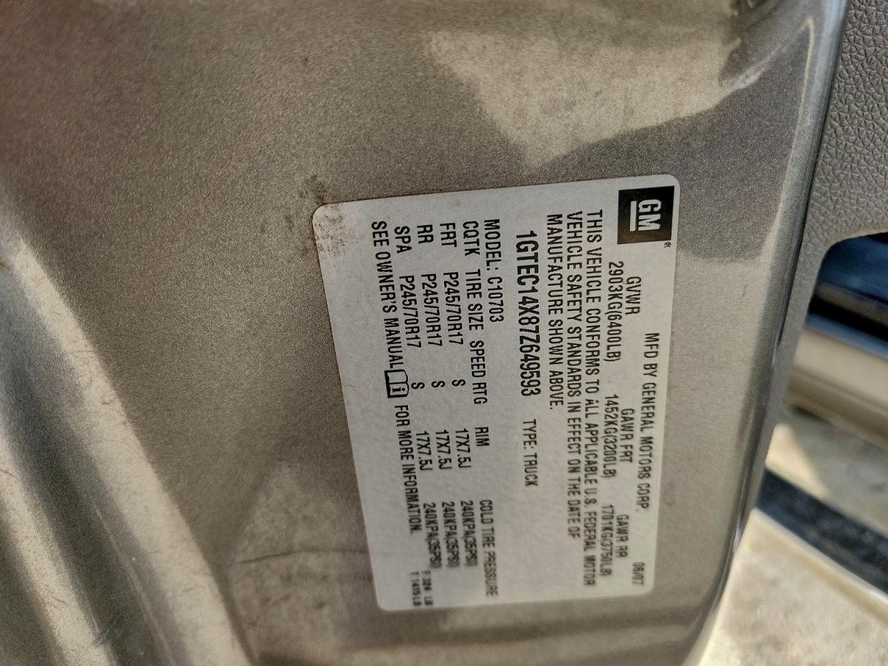 2007 GMC New Sierra C1500 Classic VIN: 1GTEC14X87Z649593 Lot: 93759815