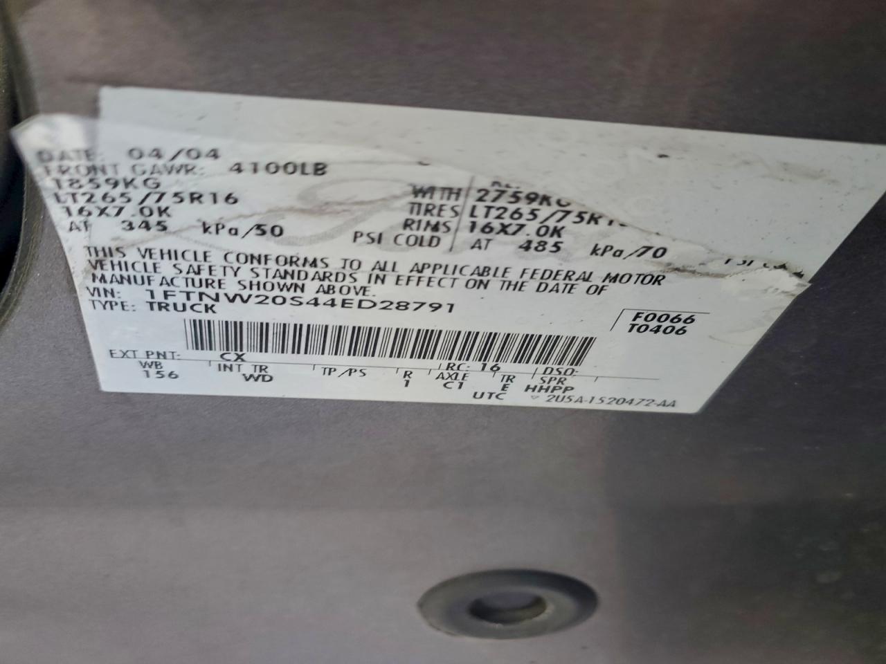 2004 Ford F250 Super Duty VIN: 1FTNW20S44ED28791 Lot: 93181955