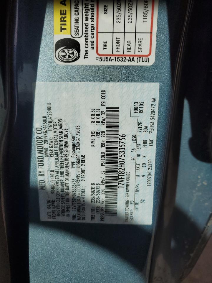 2007 Ford Mustang Gt VIN: 1ZVFT82H075335756 Lot: 82711985