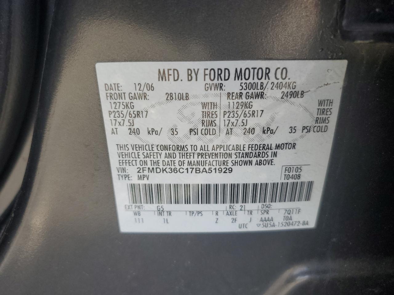 2007 Ford Edge Se VIN: 2FMDK36C17BA51929 Lot: 92649655