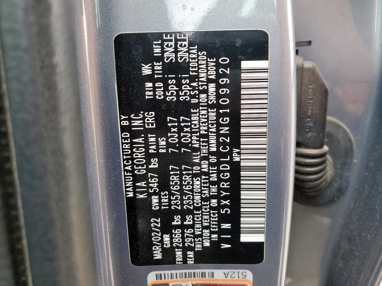 2022 Kia Sorento Lx VIN: 5XYRGDLC2NG109920 Lot: 93257235