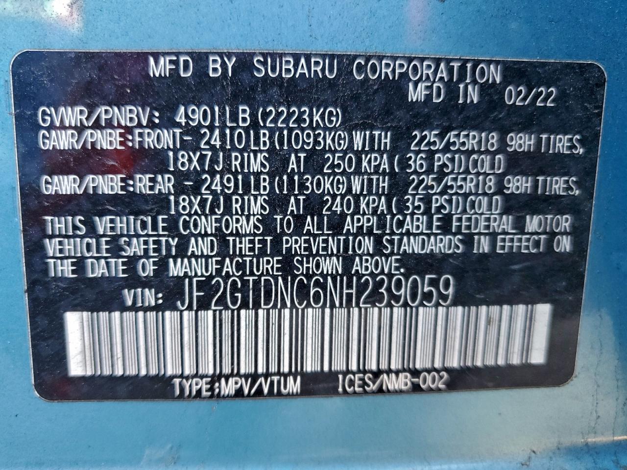 2022 Subaru Crosstrek Limited VIN: JF2GTDNC6NH239059 Lot: 93693385