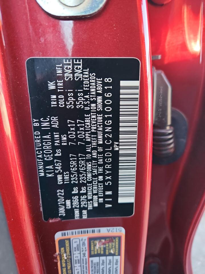 2022 Kia Sorento Lx VIN: 5XYRGDLC2NG100618 Lot: 92810605