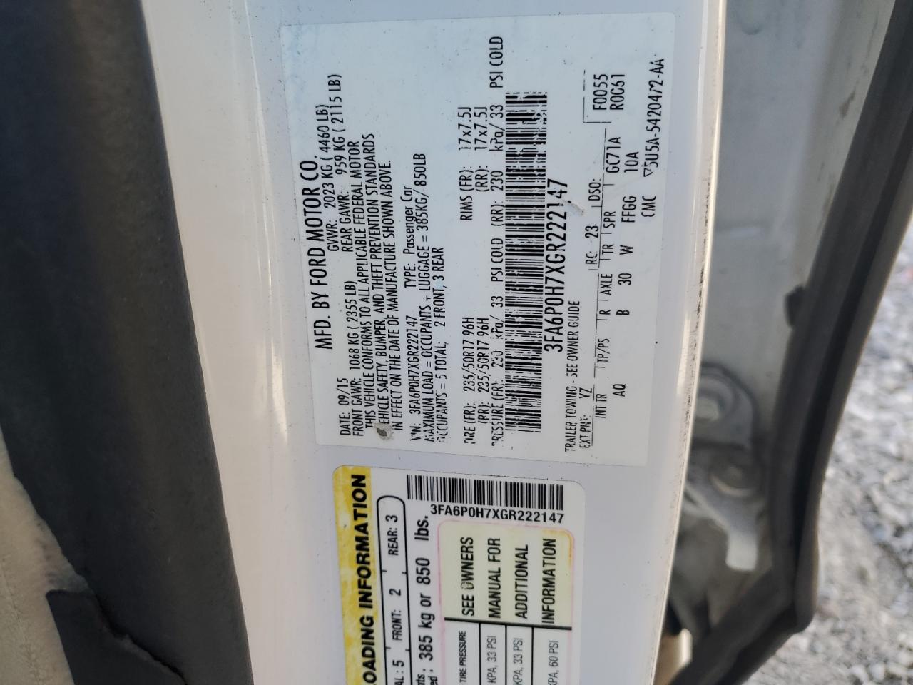 2016 Ford Fusion Se VIN: 3FA6P0H7XGR222147 Lot: 93473515