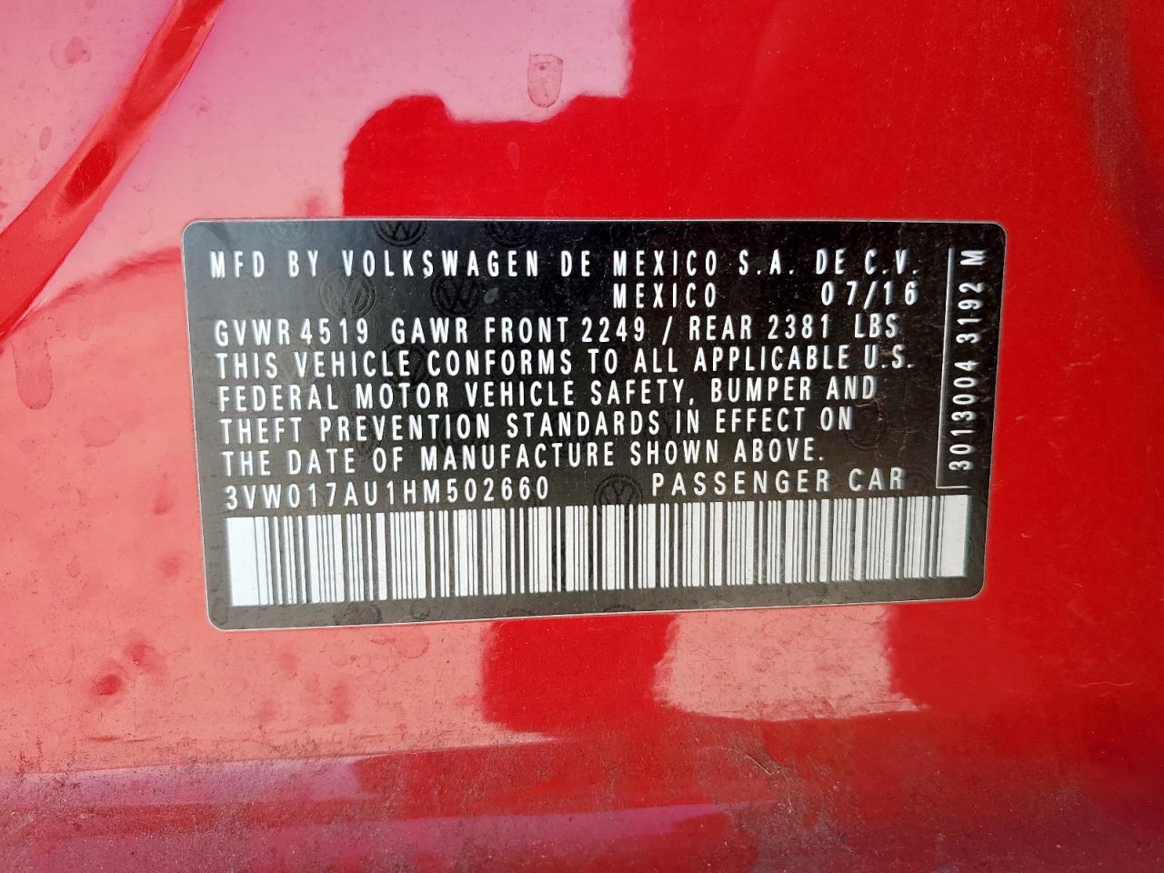 2017 Volkswagen Golf Sportwagen S VIN: 3VW017AU1HM502660 Lot: 91305945