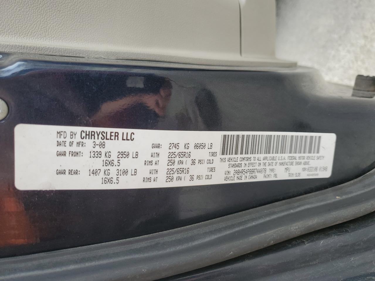 2008 Chrysler Town & Country Touring VIN: 2A8HR54P88R744078 Lot: 91466005