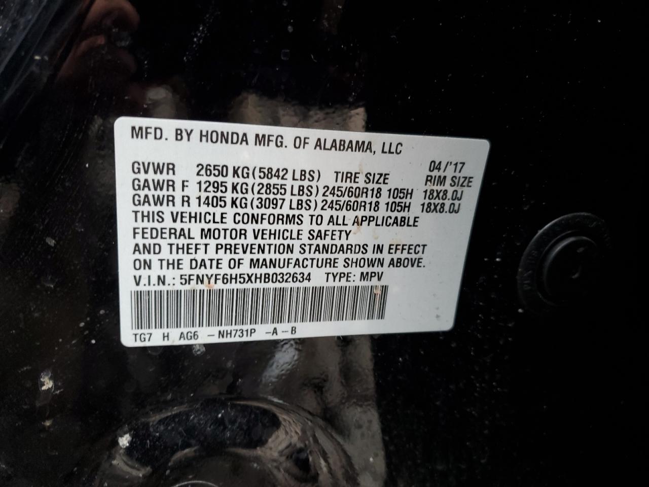 2017 Honda Pilot Exl VIN: 5FNYF6H5XHB032634 Lot: 92617095