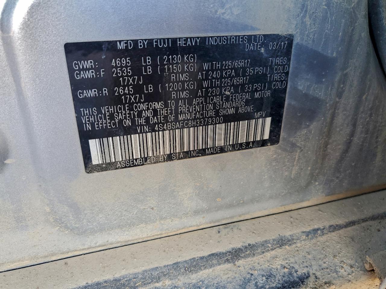 2017 Subaru Outback 2.5I Premium VIN: 4S4BSAFC8H3379300 Lot: 94248535