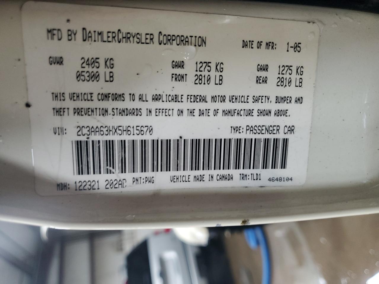 2005 Chrysler 300C VIN: 2C3AA63HX5H615670 Lot: 92489105