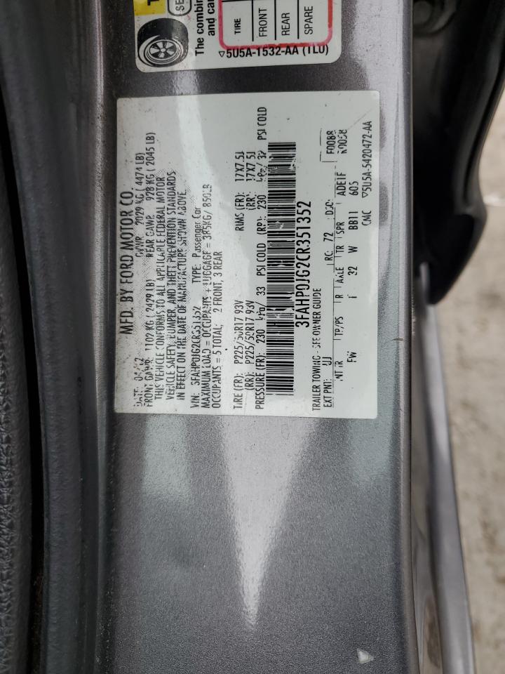 2012 Ford Fusion Sel VIN: 3FAHP0JG2CR351352 Lot: 93439045