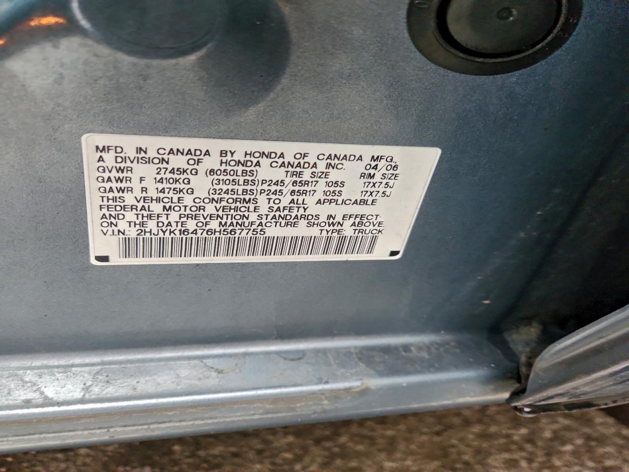 2006 Honda Ridgeline Rts VIN: 2HJYK16476H567755 Lot: 94159765