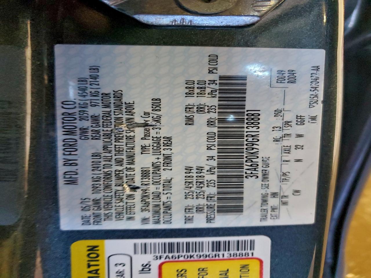 2016 Ford Fusion Titanium VIN: 3FA6P0K99GR138881 Lot: 94518445