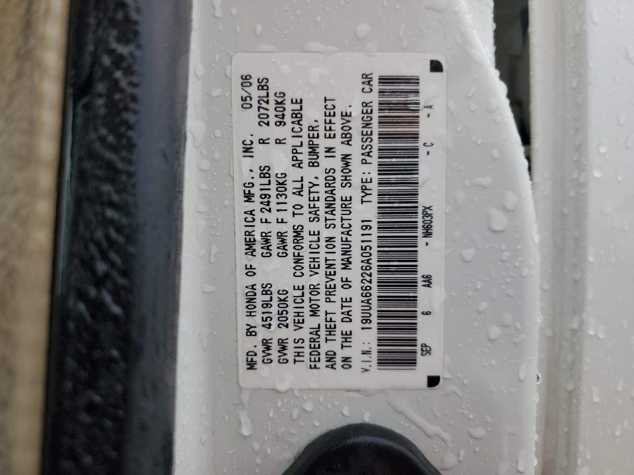 2006 Acura 3.2Tl VIN: 19UUA66226A051191 Lot: 92722125