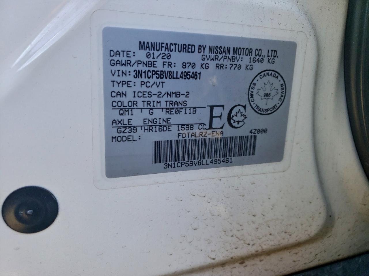 2020 Nissan Kicks S VIN: 3N1CP5BV8LL495461 Lot: 93842625