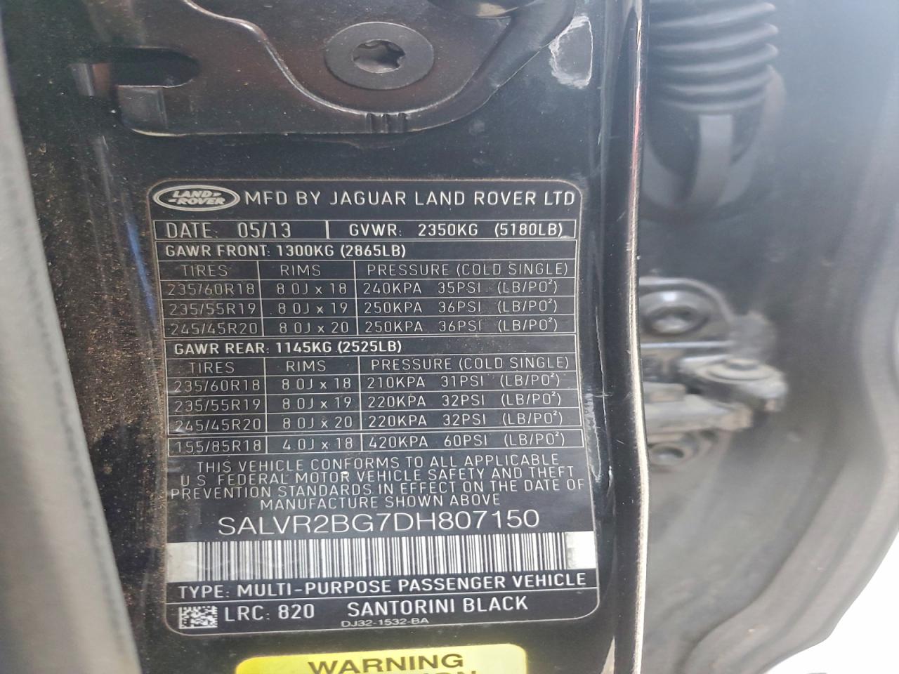 2013 Land Rover Range Rover Evoque Pure Premium VIN: SALVR2BG7DH807150 Lot: 94177535