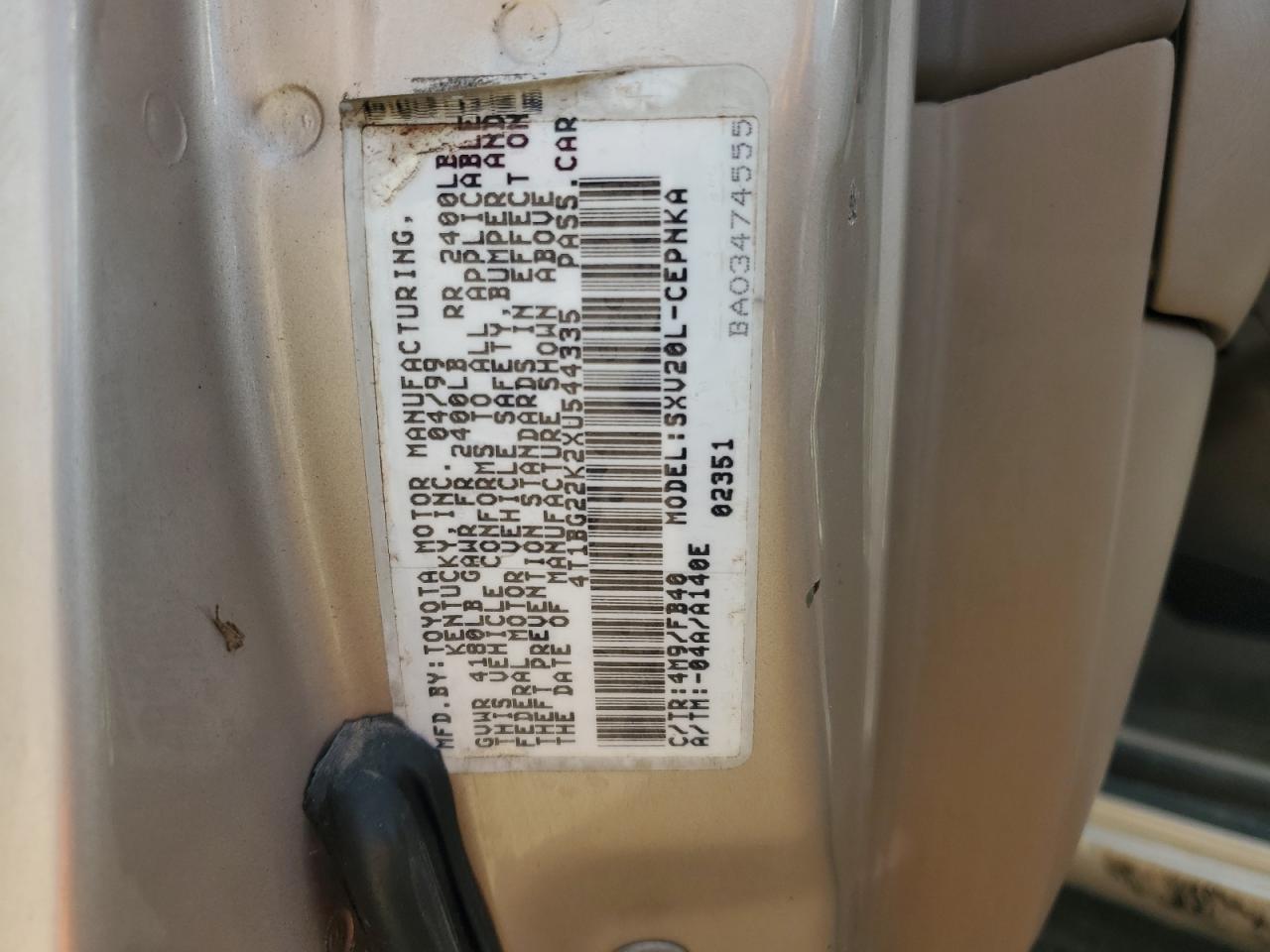 1999 Toyota Camry Ce VIN: 4T1BG22K2XU544335 Lot: 91434565