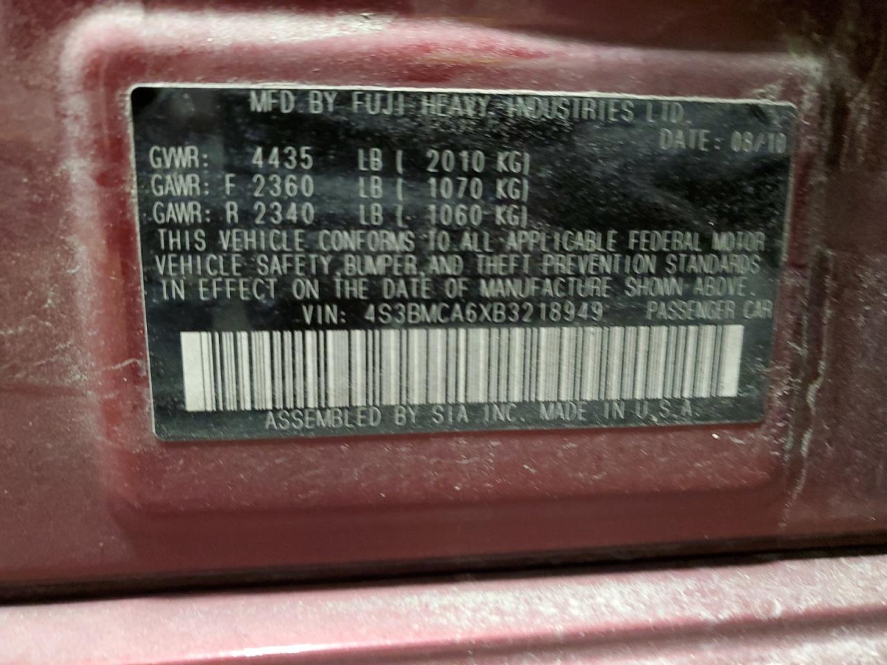 2011 Subaru Legacy 2.5I VIN: 4S3BMCA6XB3218949 Lot: 92123345