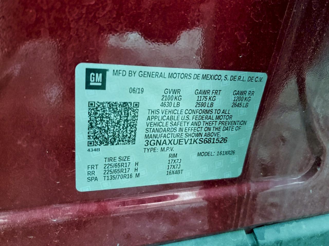 2019 Chevrolet Equinox Lt VIN: 3GNAXUEV1KS681526 Lot: 94168025