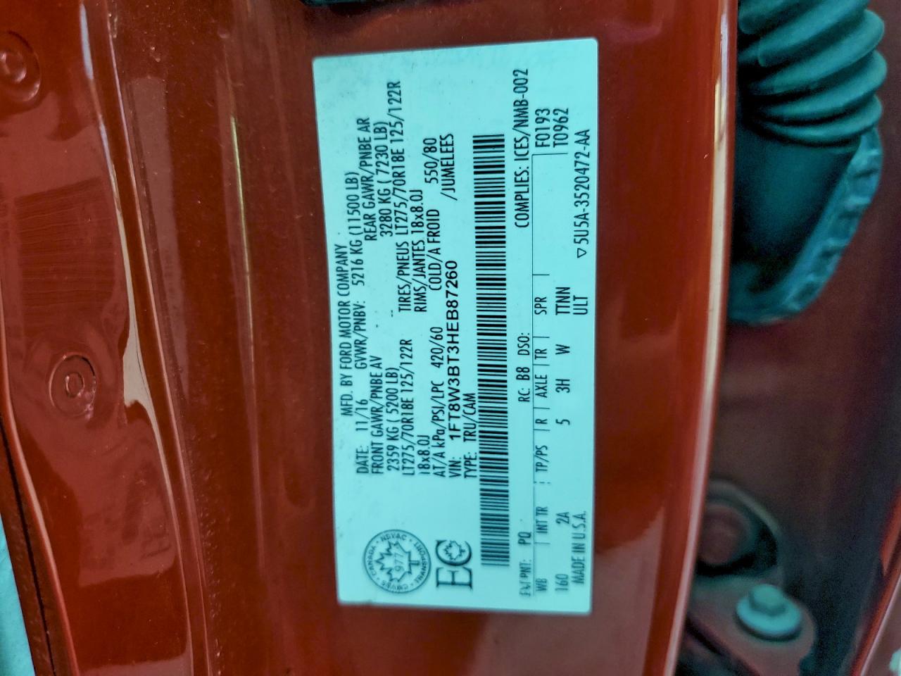 2017 Ford F350 Super Duty VIN: 1FT8W3BT3HEB87260 Lot: 92835805