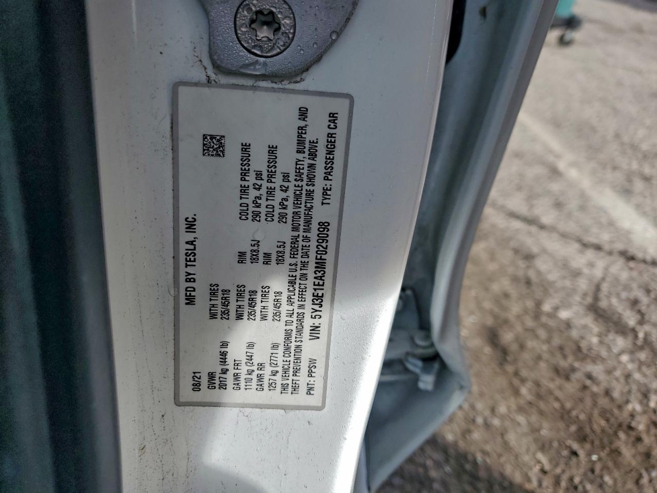 2021 Tesla Model 3 VIN: 5YJ3E1EA3MF029098 Lot: 94165965