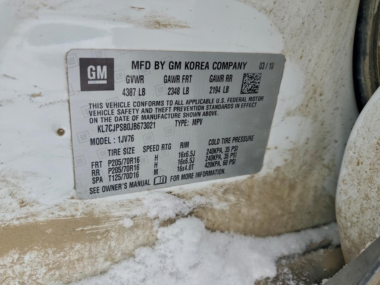 2018 Chevrolet Trax 1Lt VIN: KL7CJPSB0JB673021 Lot: 92688175