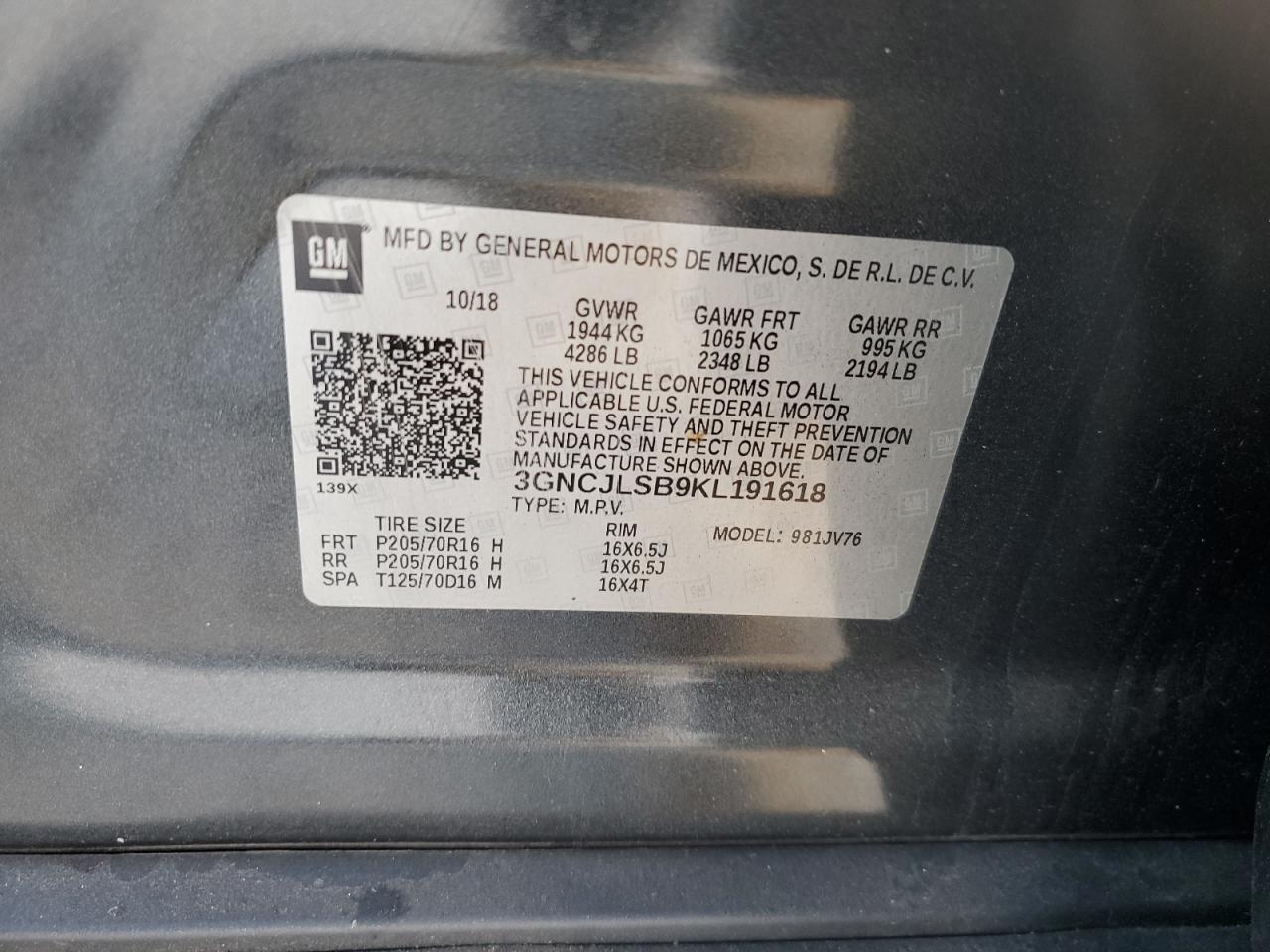 2019 Chevrolet Trax 1Lt VIN: 3GNCJLSB9KL191618 Lot: 91870615