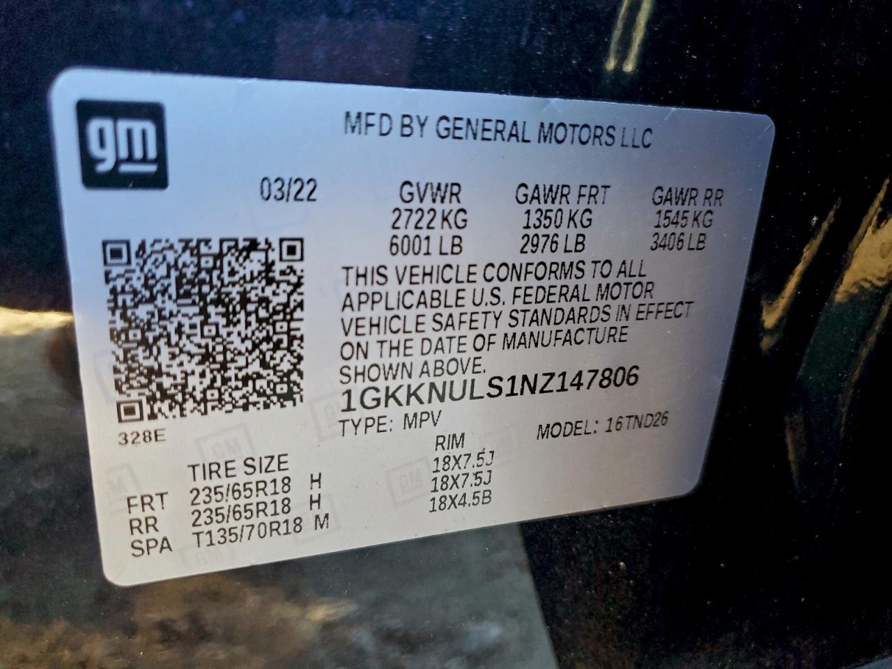 2022 GMC Acadia Slt VIN: 1GKKNULS1NZ147806 Lot: 93551995