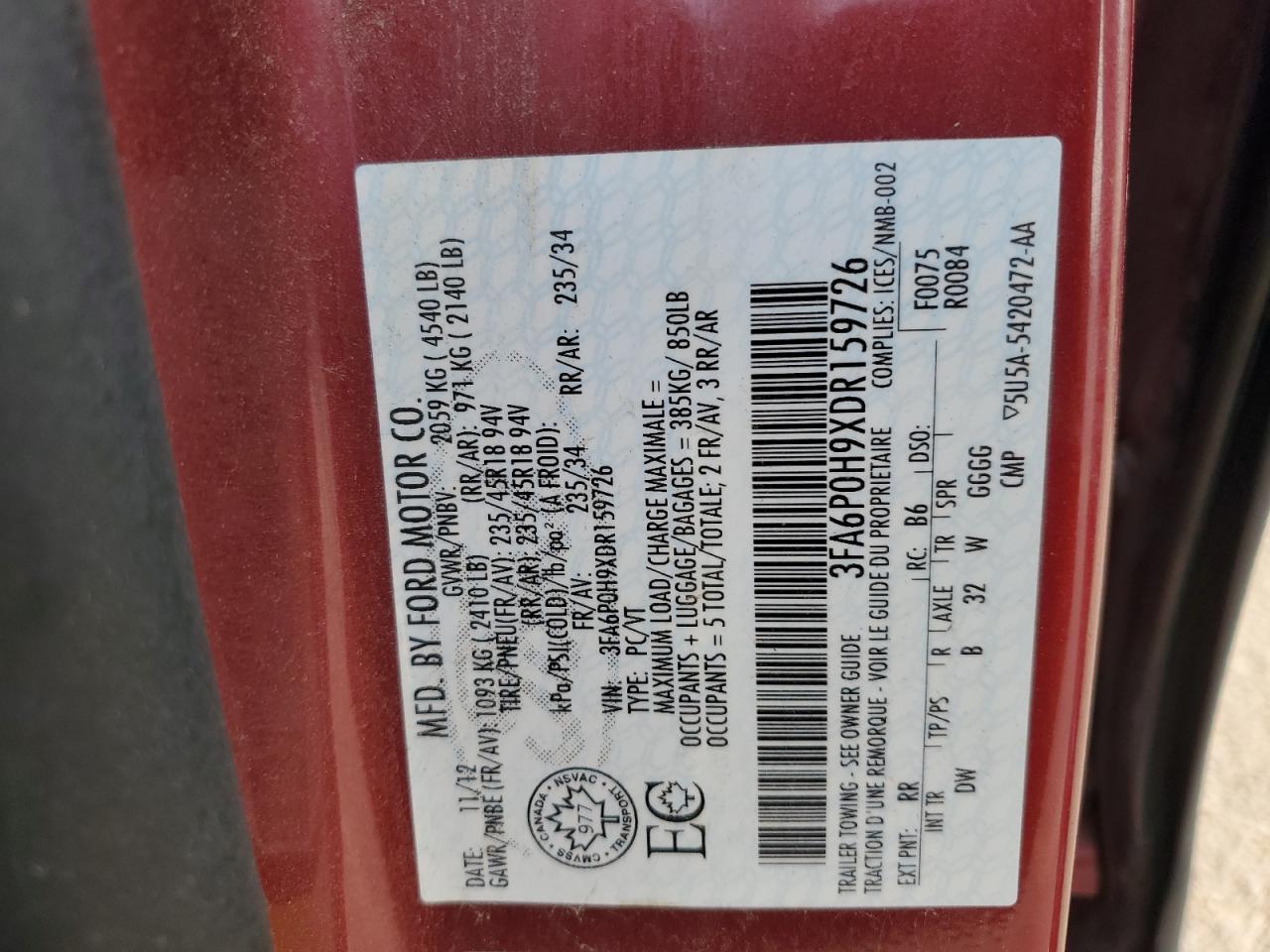 2013 Ford Fusion Se VIN: 3FA6P0H9XDR159726 Lot: 92661995